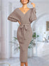 Elegantes Maxi-Strickkleid Damen für den Winter | V-Ausschnitt & Gürtel